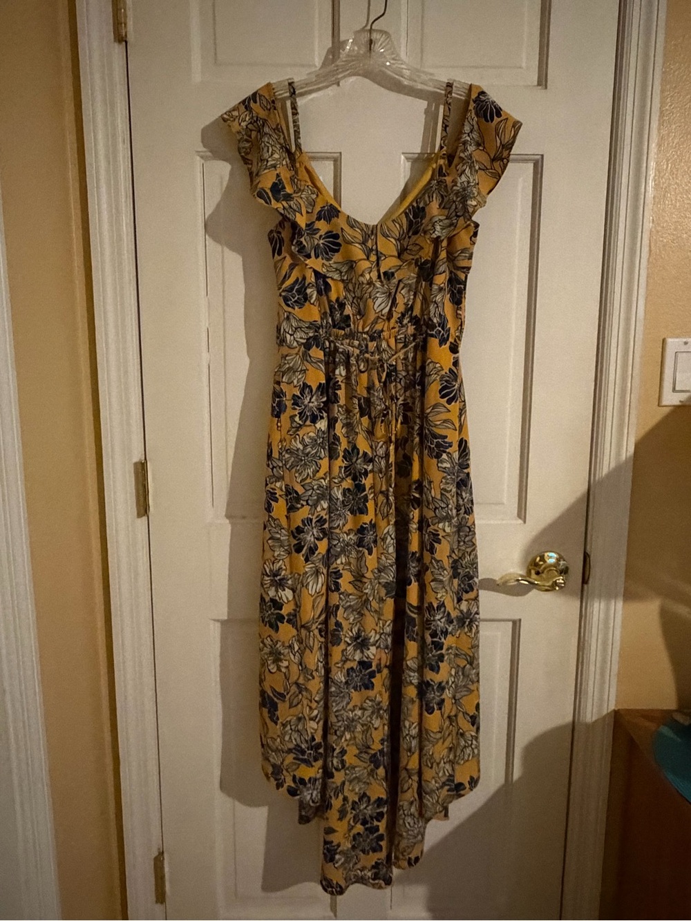 Iz Byer Mustard Yellow Floral High-Low Dress with black and Cream Print